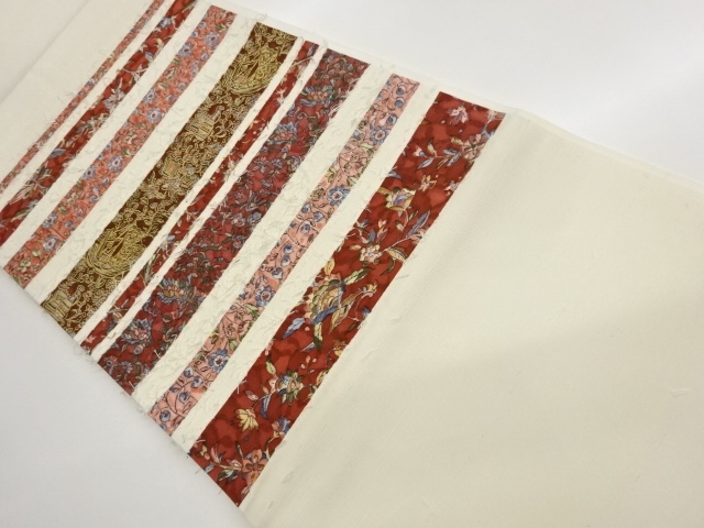 JAPANESE HIRAKI NAGOYA OBI / HIGE TSUMUGI / KINSAI / WOVEN FLOWER ARABESQUE